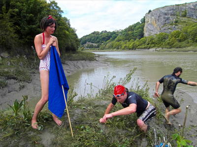 river avon gorge wild swim race finale coloured flag dressmaker swim suit photographer mud beach